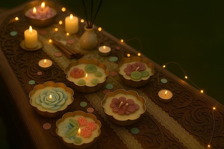 Sculpted soy candles on a carved wooden runner